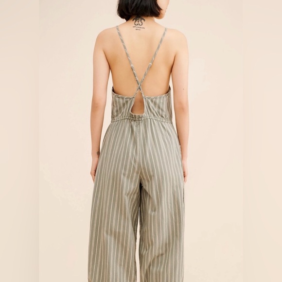 Free People Faded Sage Green and cream striped Verona Jumpsuit with barrel pants - Picture 2 of 8